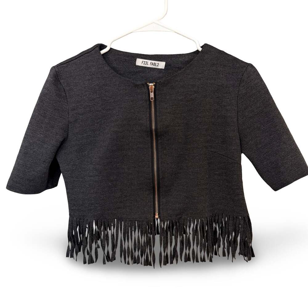 Feel Fable Cropped Fringe Zip Up Jacket Charcoal Short Sleeve Women’s S